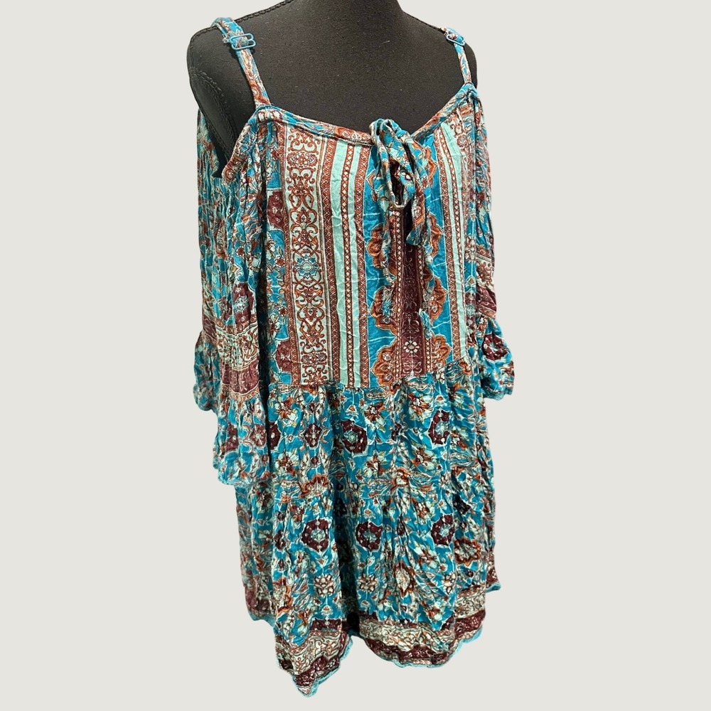 Lola P Women XL Turquoise Boho Paisley Cold Shoulder Mini Dress Bell Sleeve